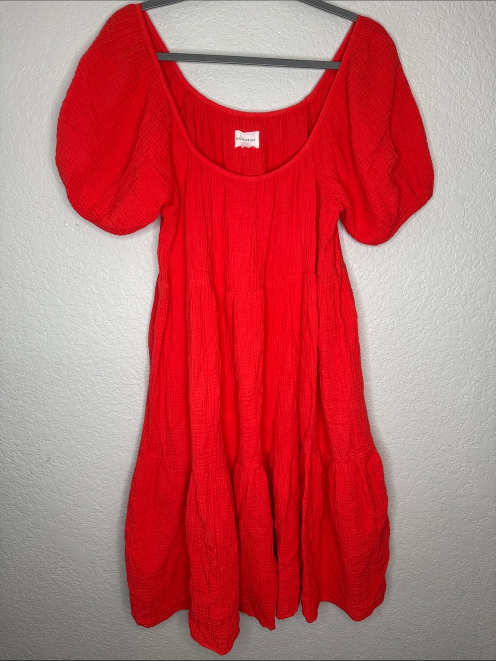 Honorine Pamela Gauze Midi Dress Medium Bright Red Orange 100% Cotton - Picture 2 of 5